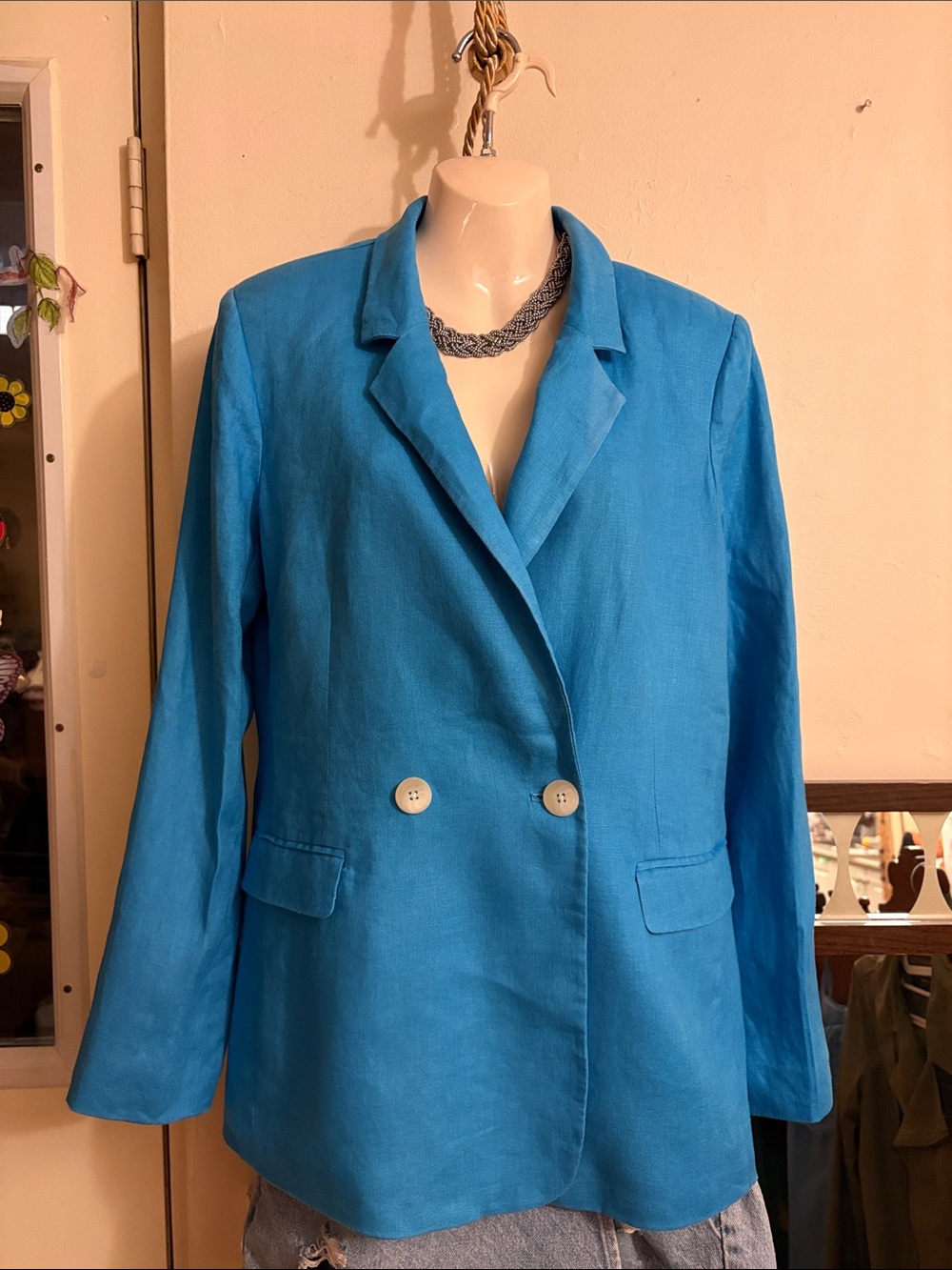 Women's Turquoise Double-Breasted Linen Blazer